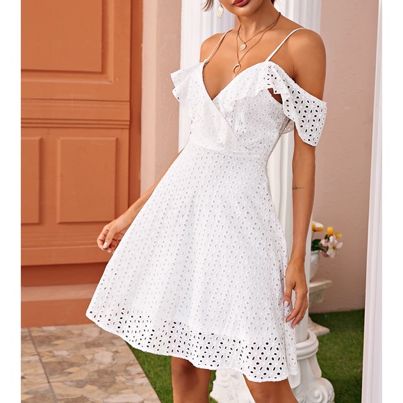 White Off the shoulder Eyelet Ruffle Trim Dress - Picture 4 of 7